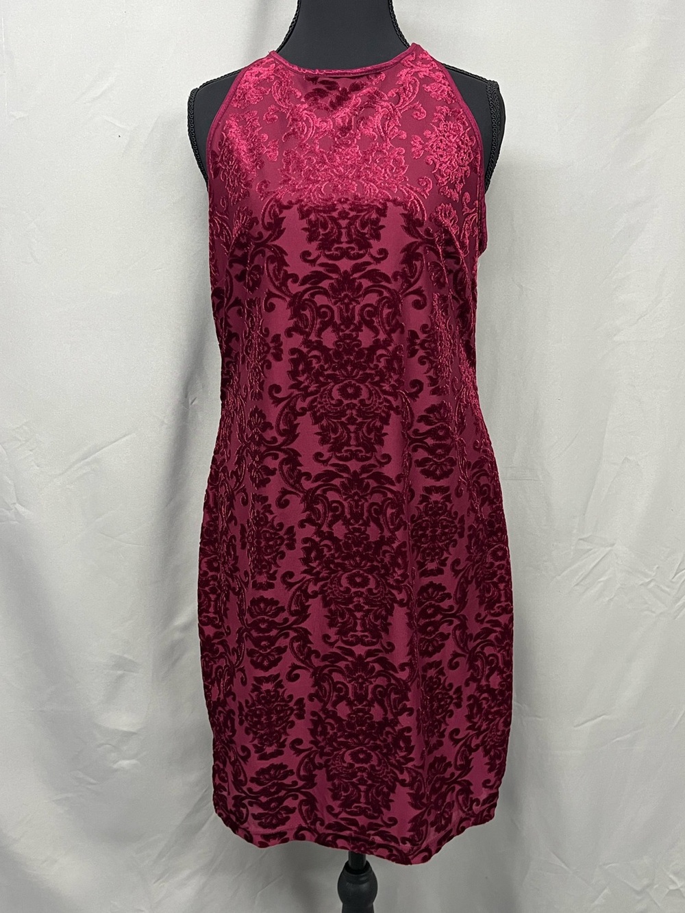 B Darlin Red Velvet Embossed Halter Cocktail Dress - Deep Berry Red 13/14